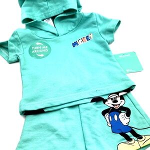 Disney Mickey Mouse Baby Matching Outfit Set Size 0/3m Top Shorts Boys Hooded